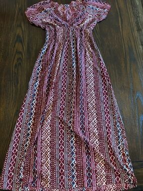 Earthbound Trading Co- Boho Maxi Dress in Burgundy Geometric Print